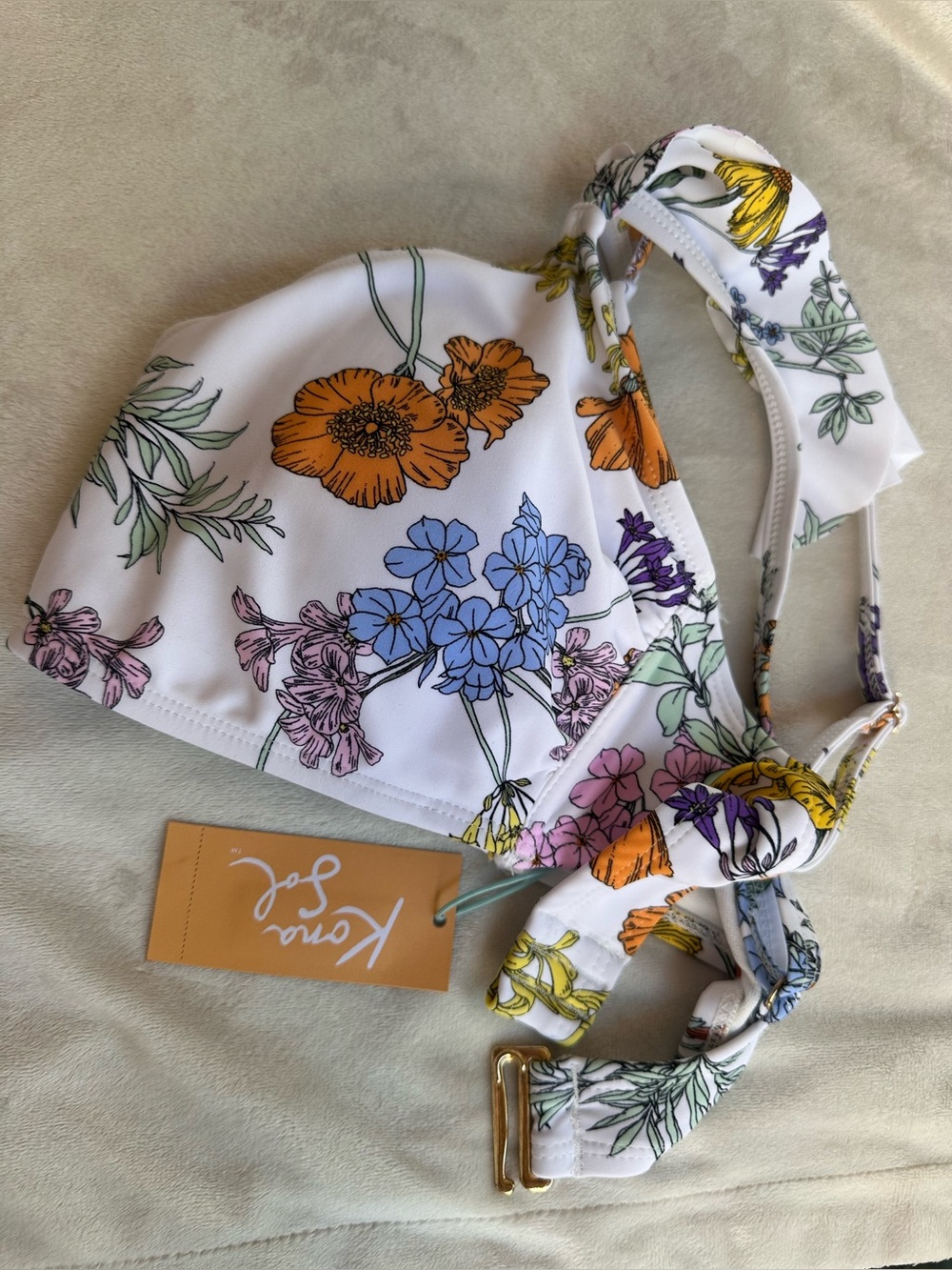 Kona Sol White Floral One-Shoulder Bikini Top with Multicolor Blooms